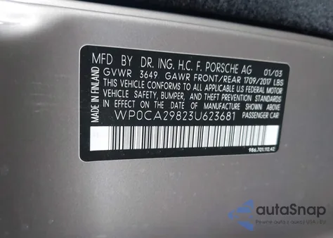 2003 Porsche Boxster from USA, damaged, VIN WP0CA29823U623681